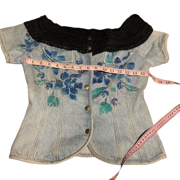 Vintage Denim Handmade Corset Style Repurposed Jeans Top Hand Painted in 80s - Picture 15 of 15